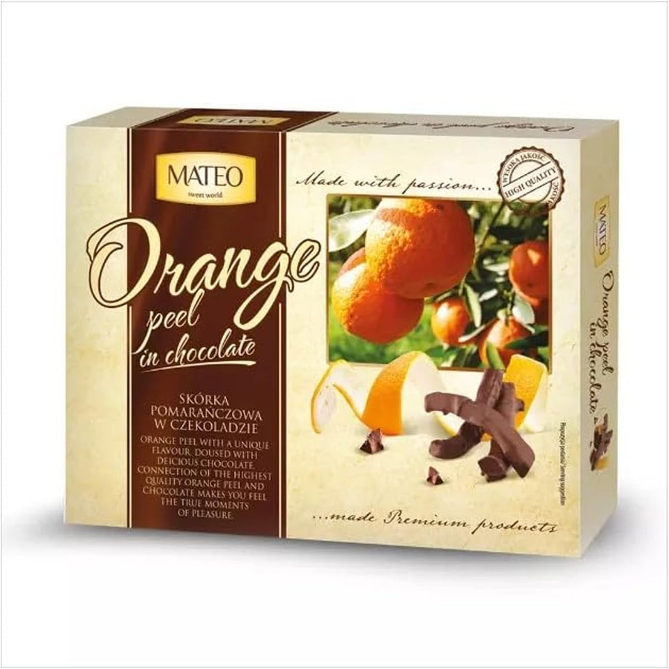 Mateo Sweet World orange-peel sticks in dark chocolate presented in a gift box.