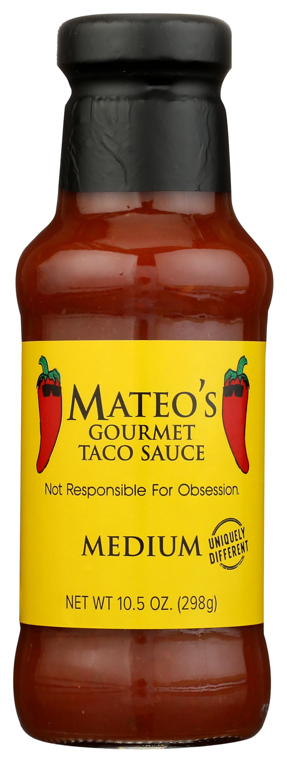 Mateo's Gourmet Taco Sauce Medium bottle pour adds balanced heat for tacos and nachos.