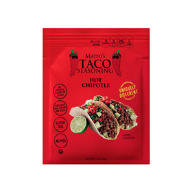 Mateo's Hot Chipotle Taco Seasoning packet close-up, bold smoky spices for tacos.