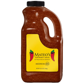Mateo's Medium Salsa 70 oz bottle pour showing premium all-natural flavor for any dish