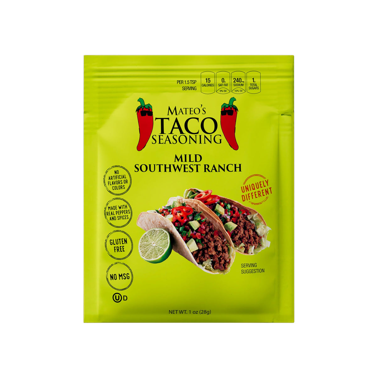 Mateo's Mild Southwest Ranch Taco Seasoning Packets front view for taco night flavor.