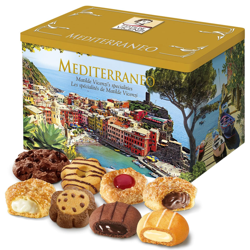 Matilde Vicenzi Mediterraneo gift tin front view, ideal for gifting.