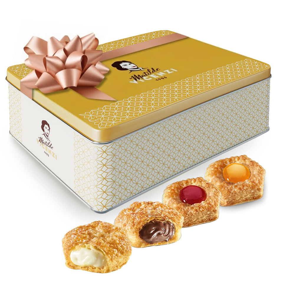 Matilde Vicenzi Millefoglie Italia cookie tin, front view, ideal gift.