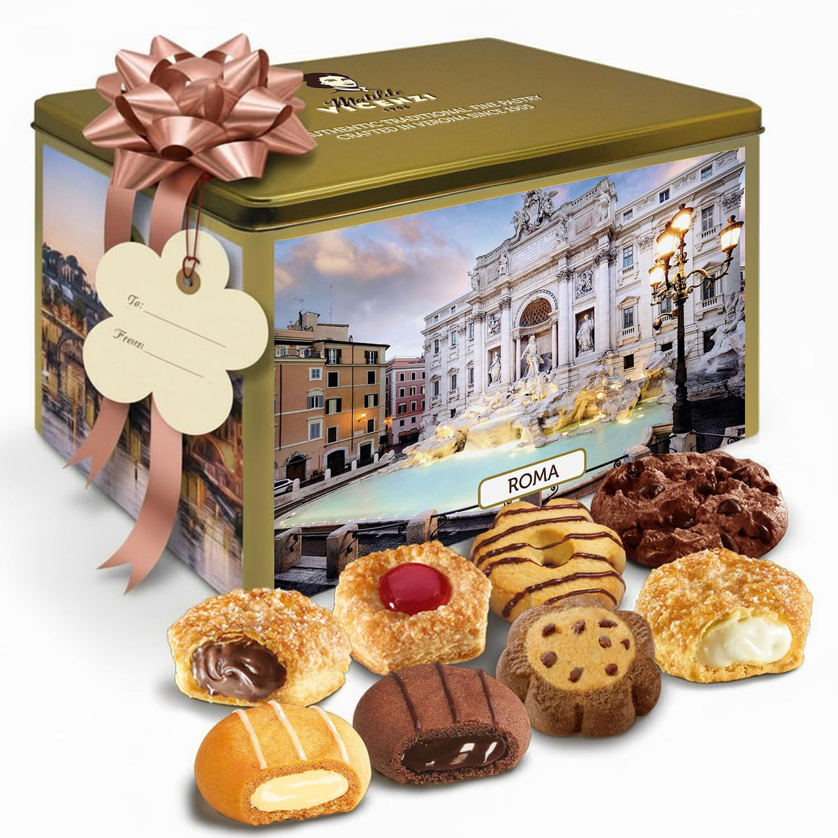 Matilde Vicenzi Roma Gift Tin front view, elegant presentation for gifting