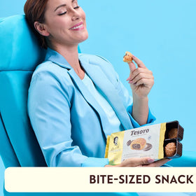 Tesoro pastry protected by metallic wrapper preserves freshness.