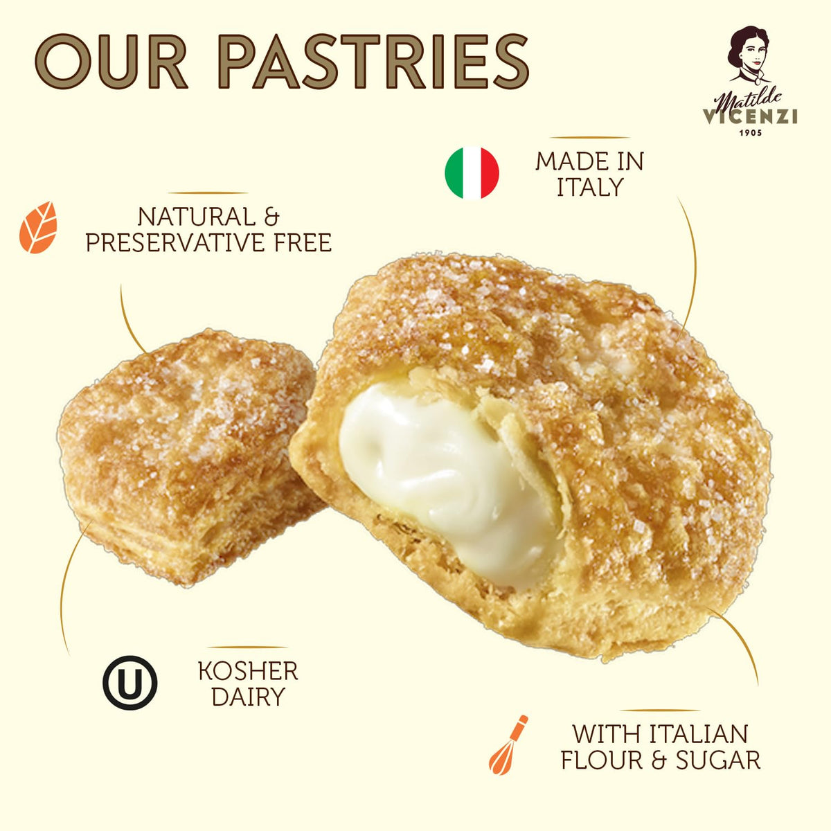 Tesoro vanilla cream cross-section highlighting creamy center with crisp pastry.