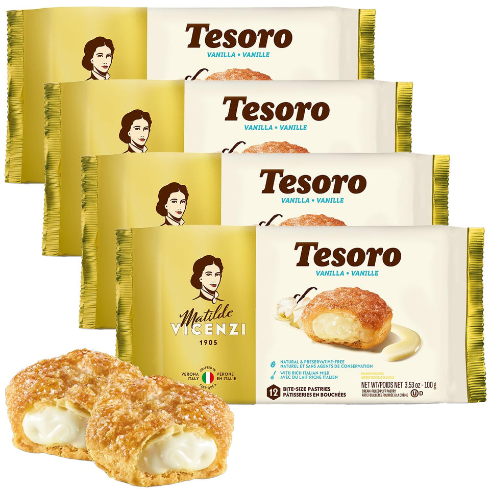 Matilde Vicenzi Tesoro vanilla cream filled pastry puff showing flaky layers and rich center for indulgence.