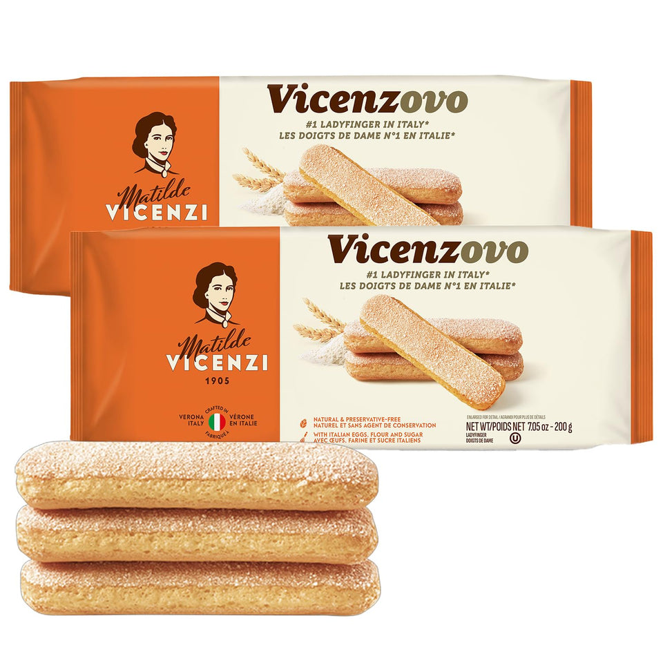Matilde Vicenzi Vicenzovo Ladyfingers 2-pack on premium packaging, ideal for gifting.