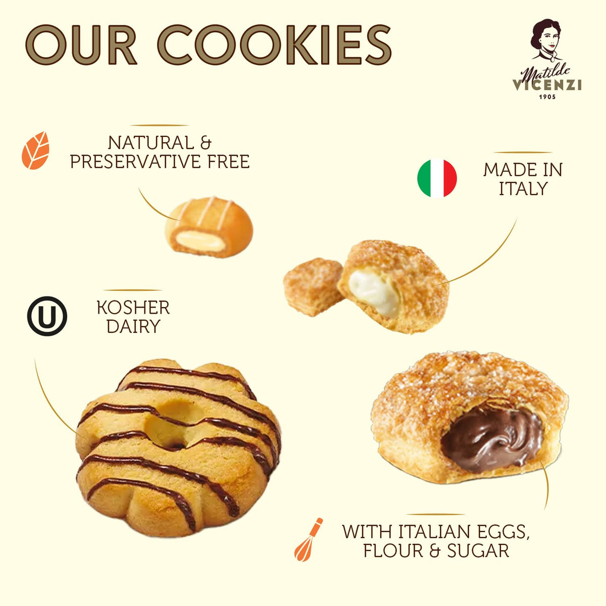 Matilde Vicenzi puff pastry cream-filled cookies close-up highlights creamy centers.