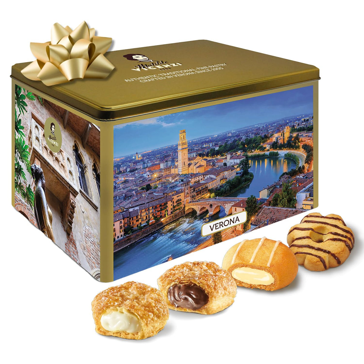 Matilde Vicenzi Verona gift tin closed shows Verona scenery, ideal for gifting on special occasions.
