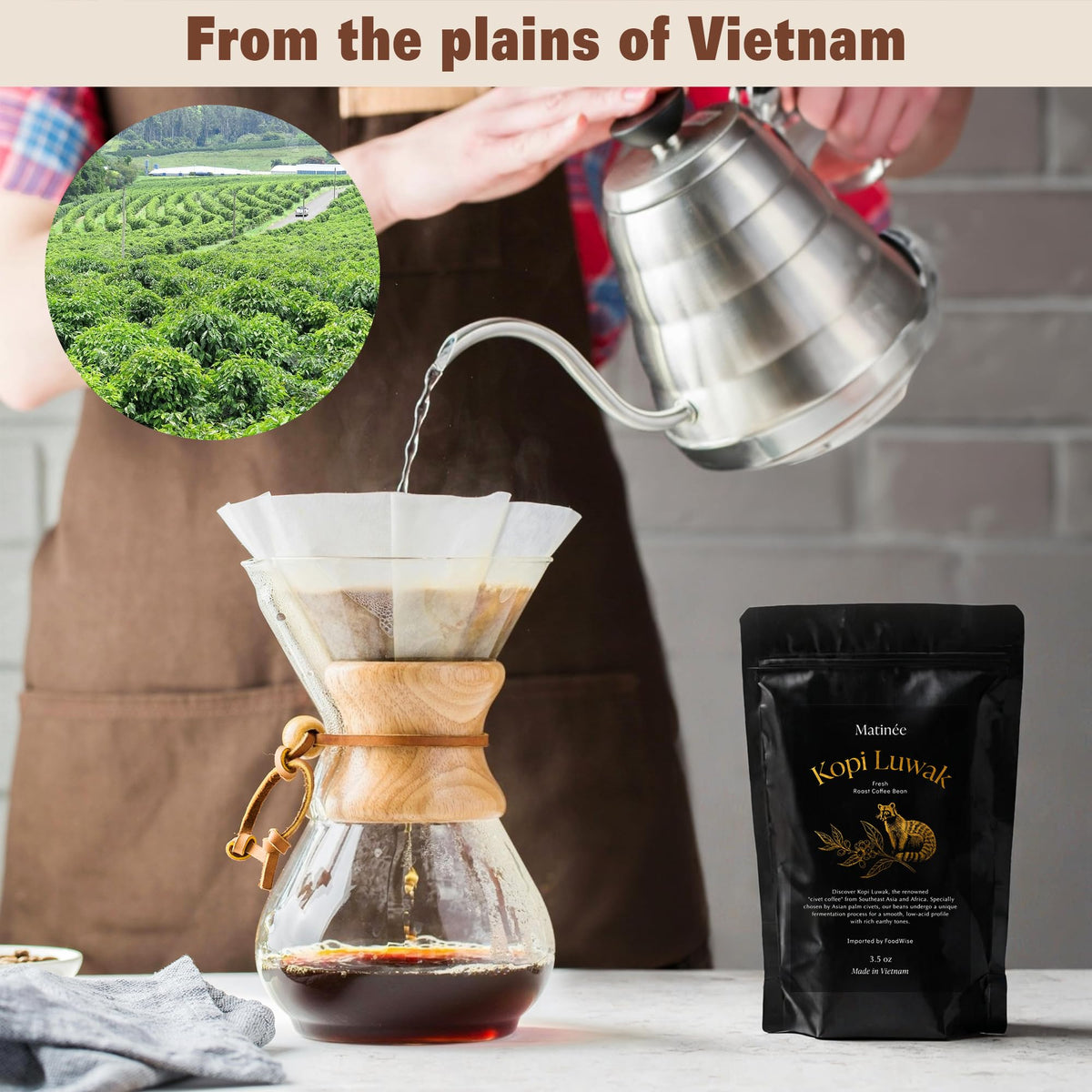 Matinée Kopi Luwak beans on wood evoke artisanal sourcing and premium experience.