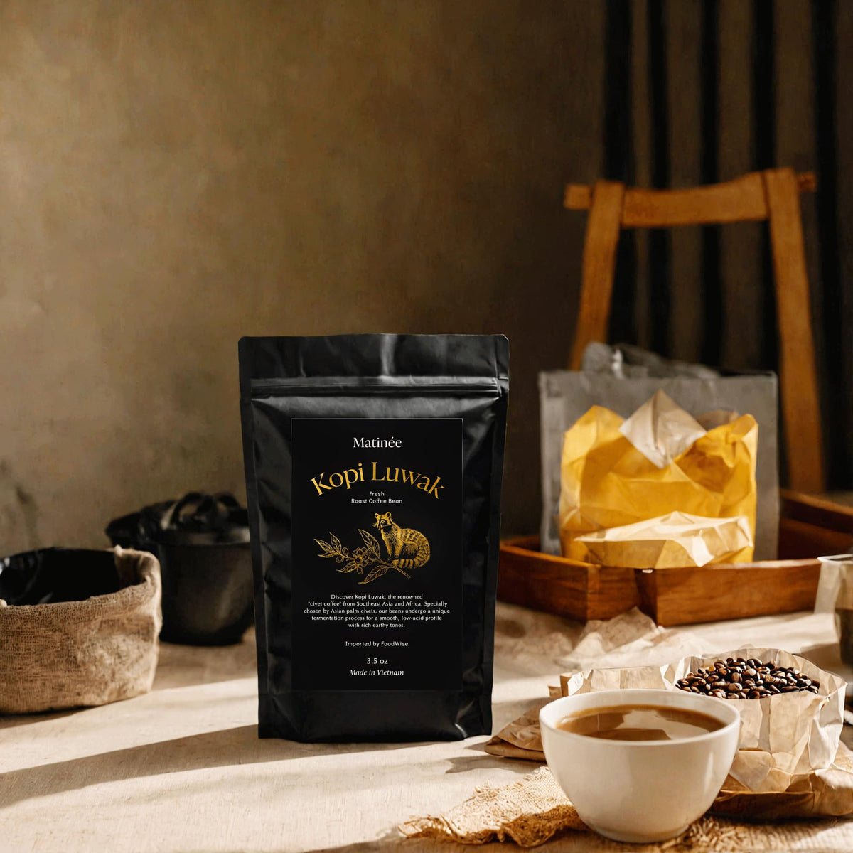 Matinée Kopi Luwak brew set with cup invites easy brewing.