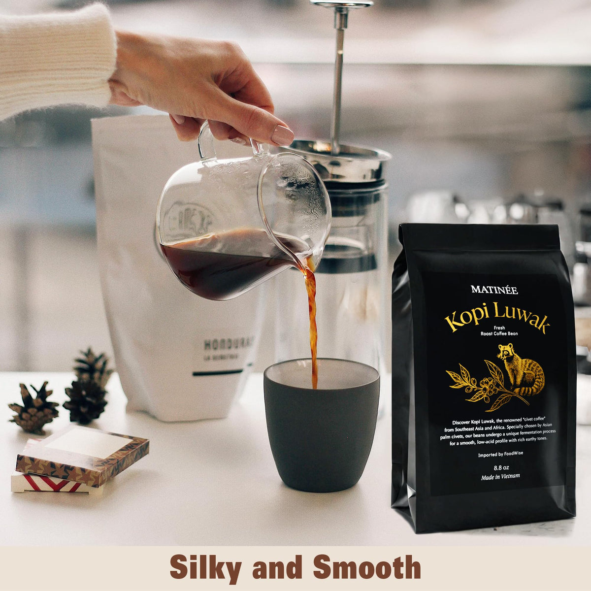 Brewing setup with Matinée Kopi Luwak cup for smooth, low-acid coffee.