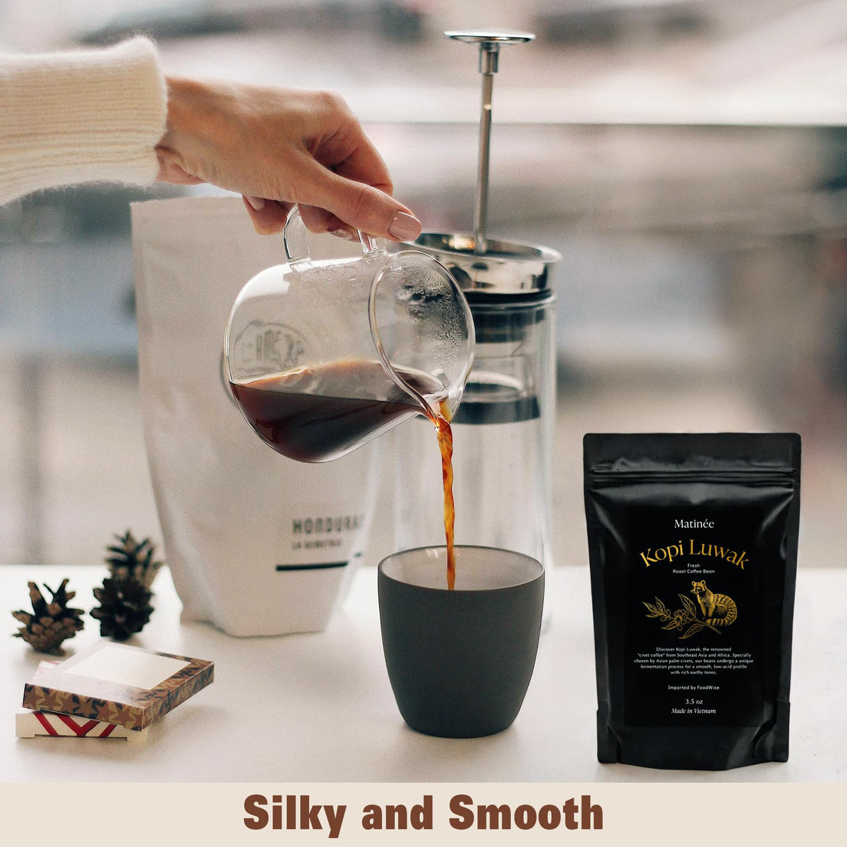 Matinée Kopi Luwak coffee packaging ready for gifting or shelf display.