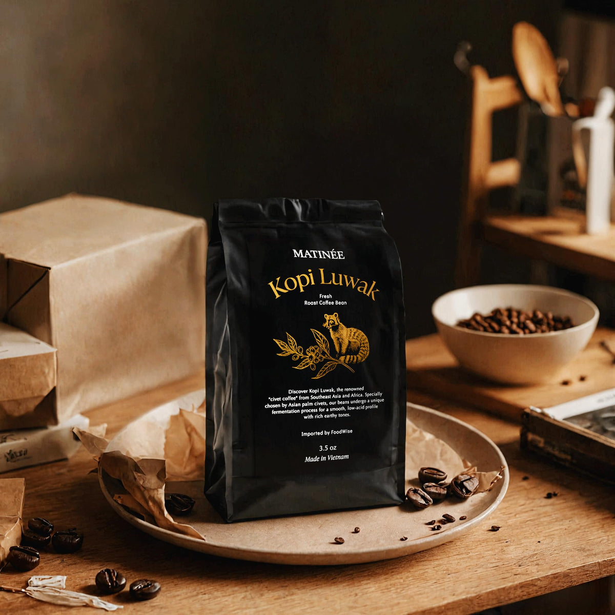 Flavor notes closeup emphasize aroma and body of Matinée Kopi Luwak.