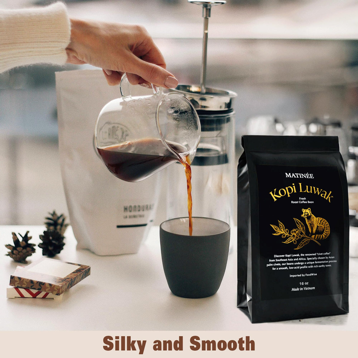 Aroma steam rising from MATINEE Kopi Luwak brew