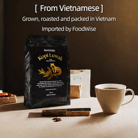 Closeup of Matinée Kopi Luwak beans reveals texture and depth for refined extraction.