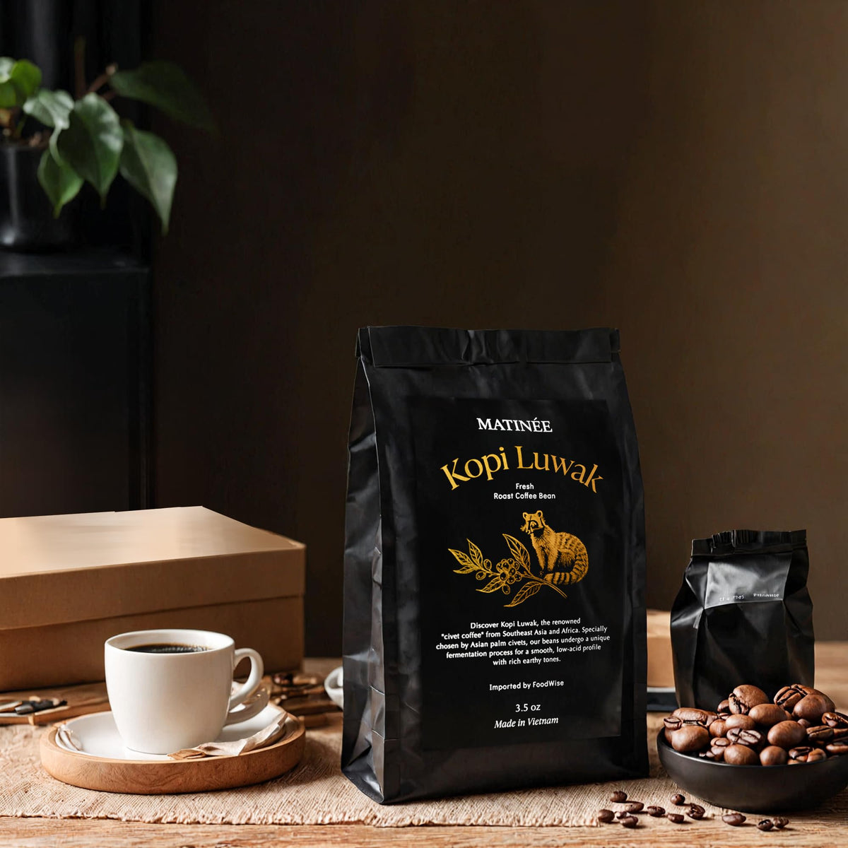 Steaming cup of Matinée Kopi Luwak evokes luxurious aroma.