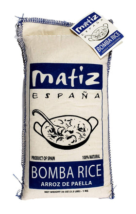 Matiz España Bomba rice pack on kitchen counter, perfect for authentic paella prep
