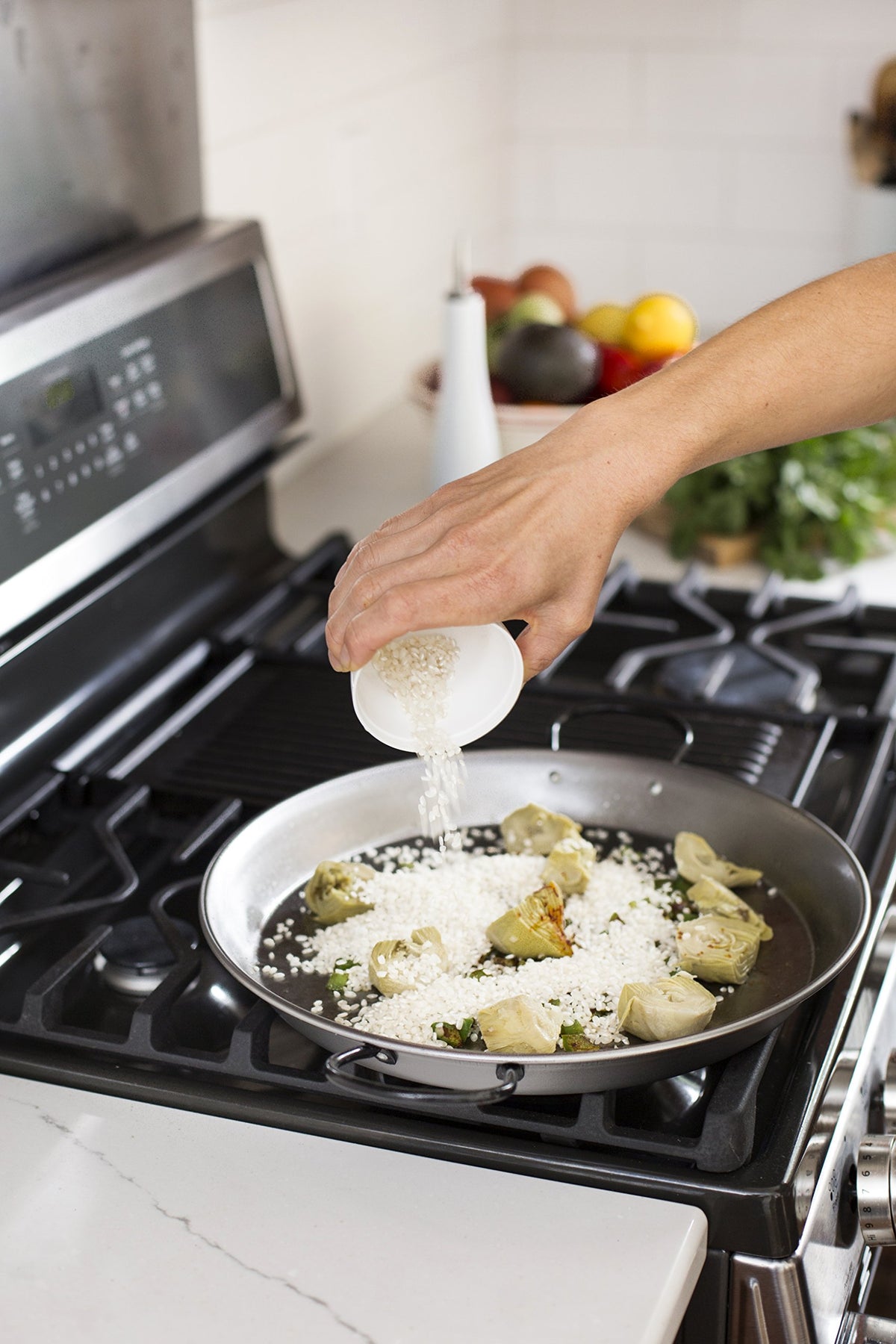 Matiz Bomba rice risotto dish ready, demonstrating round grains that bind creaminess