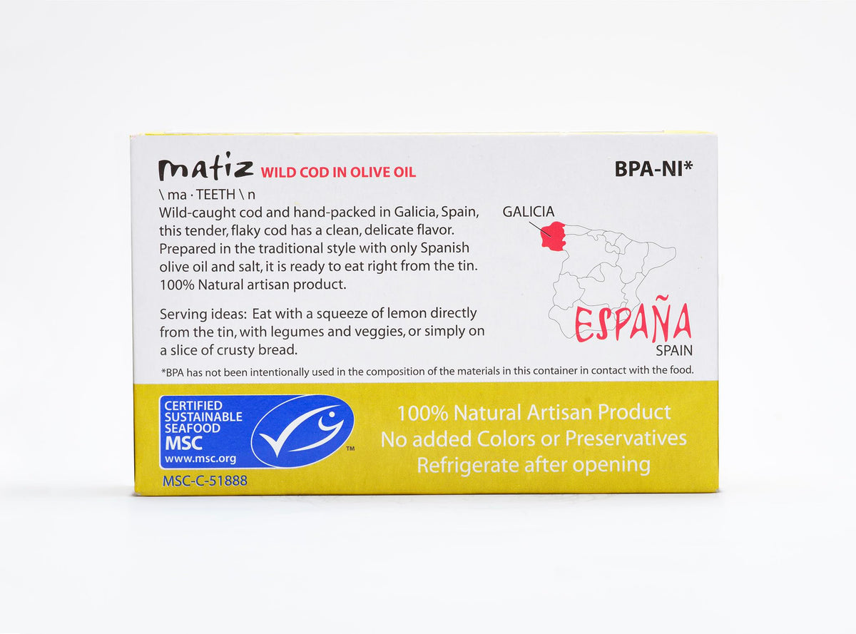 Galicia origin label on Matiz Wild Cod in Olive Oil