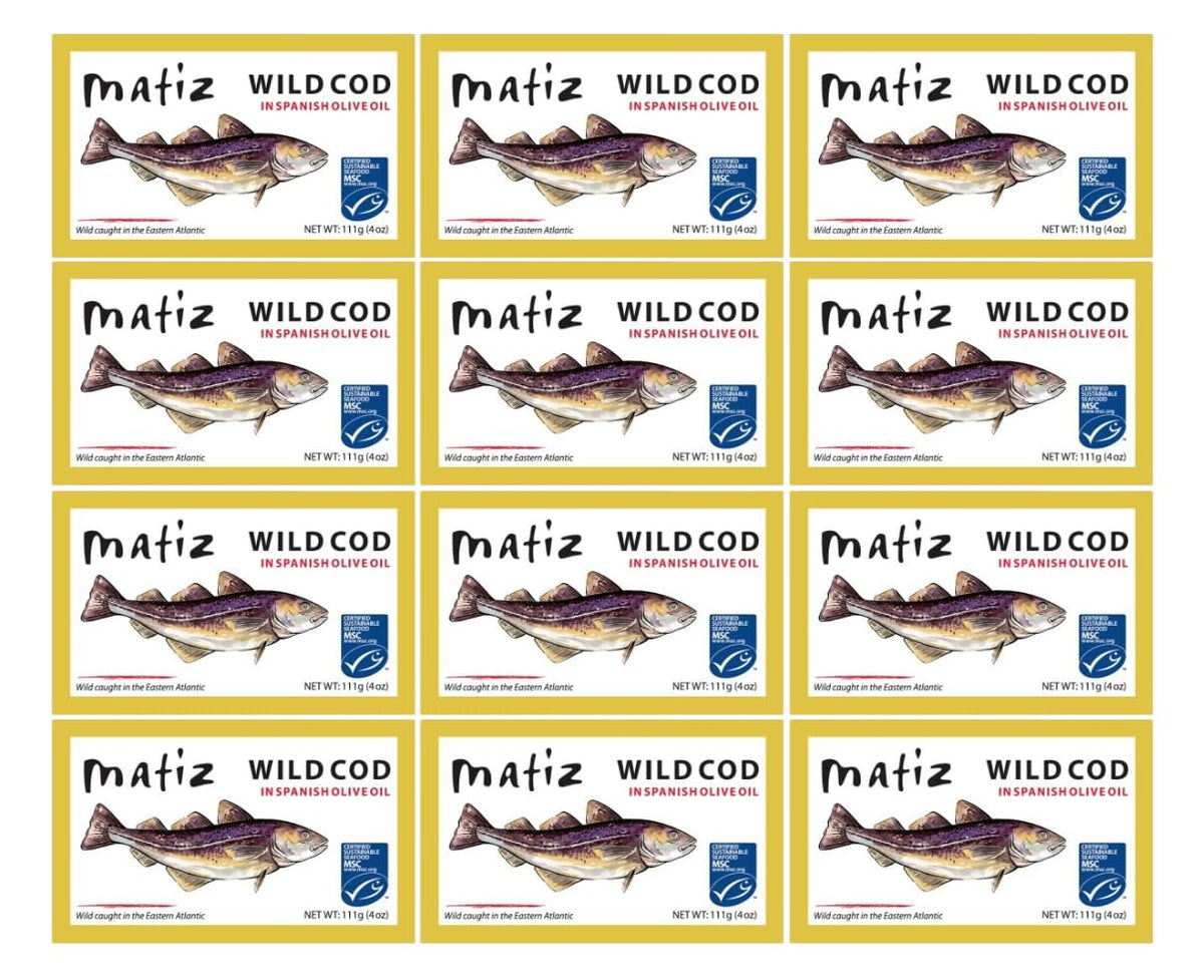 Matiz Wild Cod in Olive Oil tin showing ready-to-eat fillets