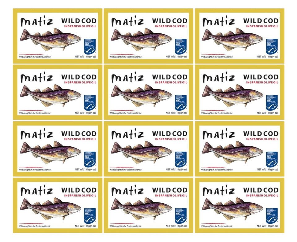 Matiz Wild Cod in Olive Oil tin showing ready-to-eat fillets