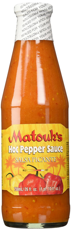 Matouk's hot pepper sauce bottle front view, ready to elevate meals with Caribbean heat.