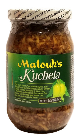 Matouk's Mango Kuchela bottle close-up, highlighting tropical aroma and versatile curry pairing