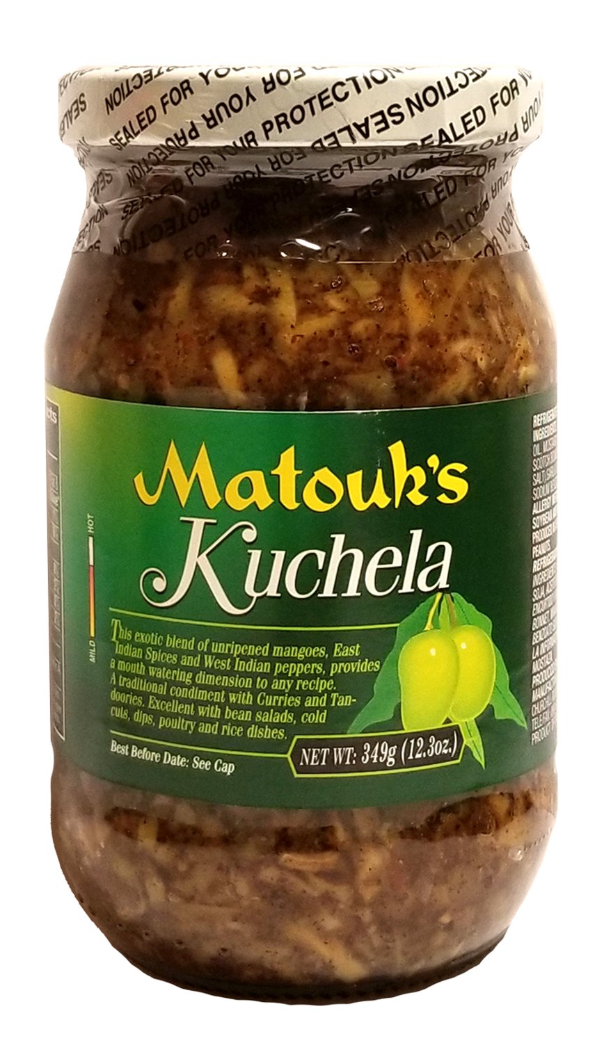 Matouk's Mango Kuchela bottle close-up, highlighting tropical aroma and versatile curry pairing