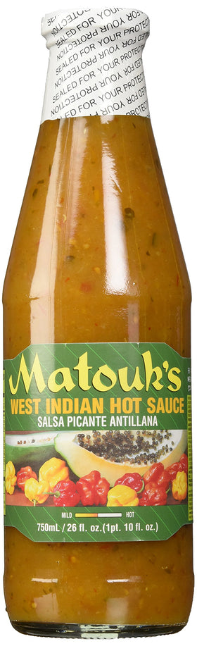 Matouk's West Indian Hot Sauce bottle pour highlights bold heat for grilled dishes.