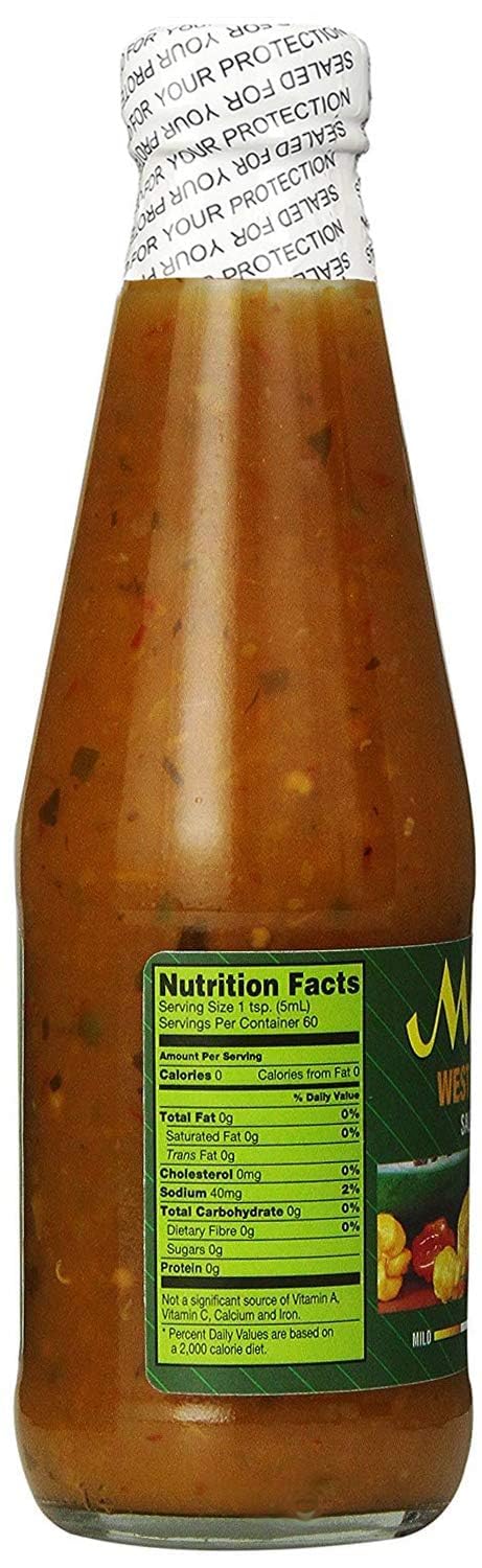 Close-up of Matouk's Salsa Picante bottle showing vibrant label and glass