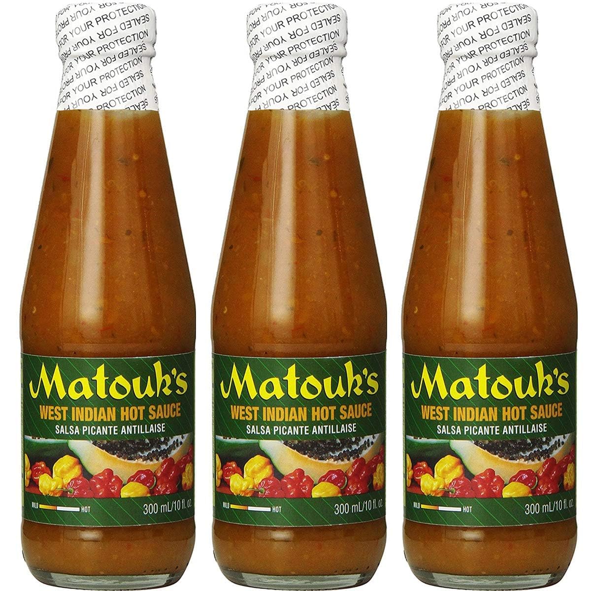 Matouk's West Indian Hot Sauce Salsa Picante 3-pack bottles on shelf for culinary heat