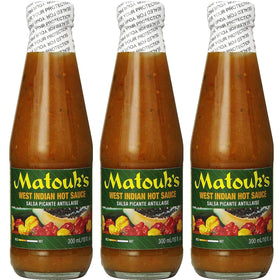 Matouk's West Indian Hot Sauce Salsa Picante 3-pack bottles on shelf for culinary heat