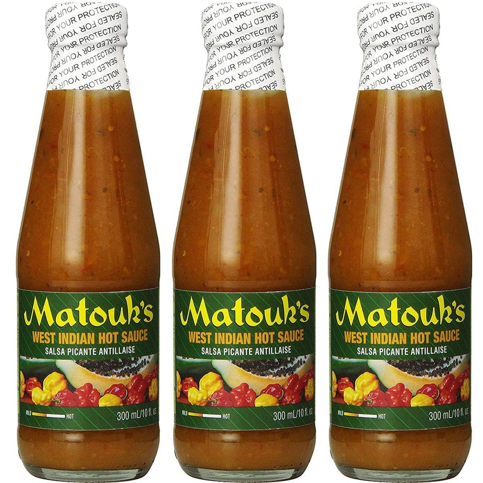 Matouk's West Indian Hot Sauce Salsa Picante 3-pack bottles on shelf for culinary heat
