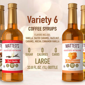 Matteo's sugar-free syrup bottles on a store shelf.