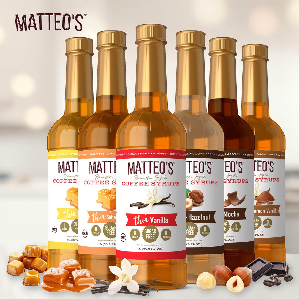 Close-up of Matteo's Sugar-Free Syrup label showing zero calories.
