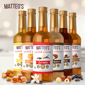 Close-up of Matteo's Sugar-Free Syrup label showing zero calories.