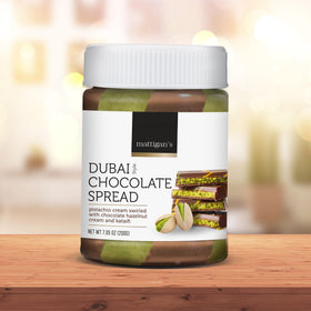 Mattigan's Dubai Style Chocolate Spread pistachio-cream closeup highlighting layered texture.
