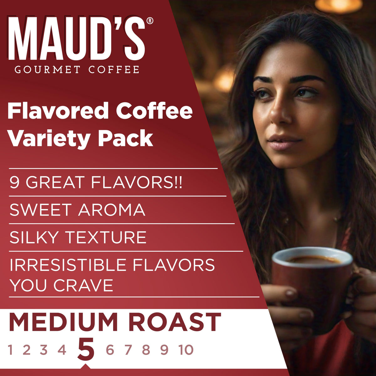 Maud's 100% Arabica coffee pods close-up highlighting premium beans and smooth taste.