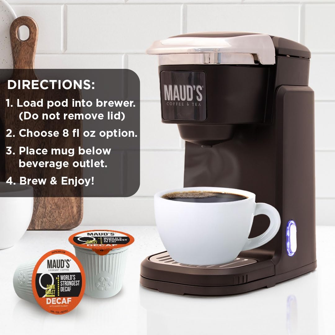 Maud's 100 Arabica decaf coffee pods, consistent quality in every cup.
