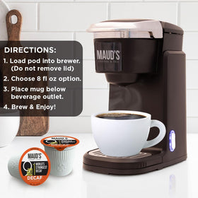 Maud's 100 Arabica decaf coffee pods, consistent quality in every cup.