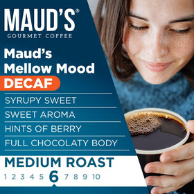 Maud's Decaf Pods brewing rich Arabica flavor with smooth finish.