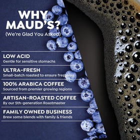 Maud's 100% Arabica ethically sourced label, signaling quality and responsibility.