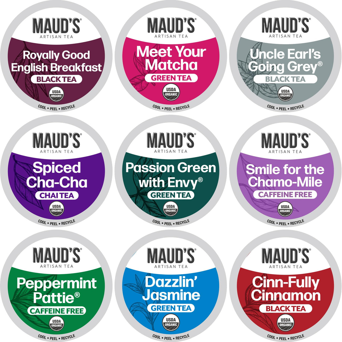 Maud's 9 Blend tea pods variety pack for easy single-serve flavor moments.