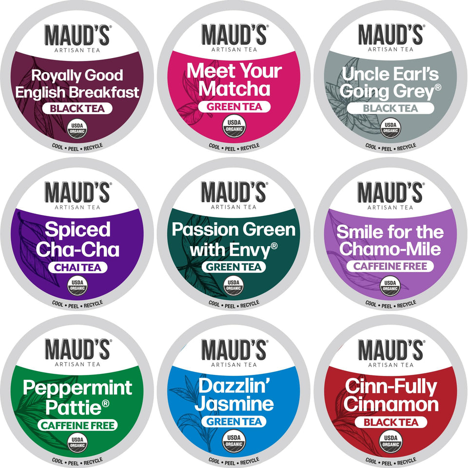 Maud's 9 Blend tea pods variety pack for easy single-serve flavor moments.