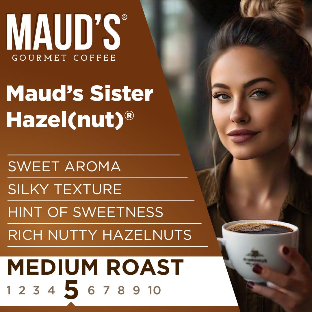 Maud's aroma steaming hazelnut coffee cup offers a cozy flavor cue