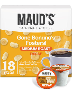 Maud's Bananas Foster decaf pods in an 18-count package for convenient mornings.