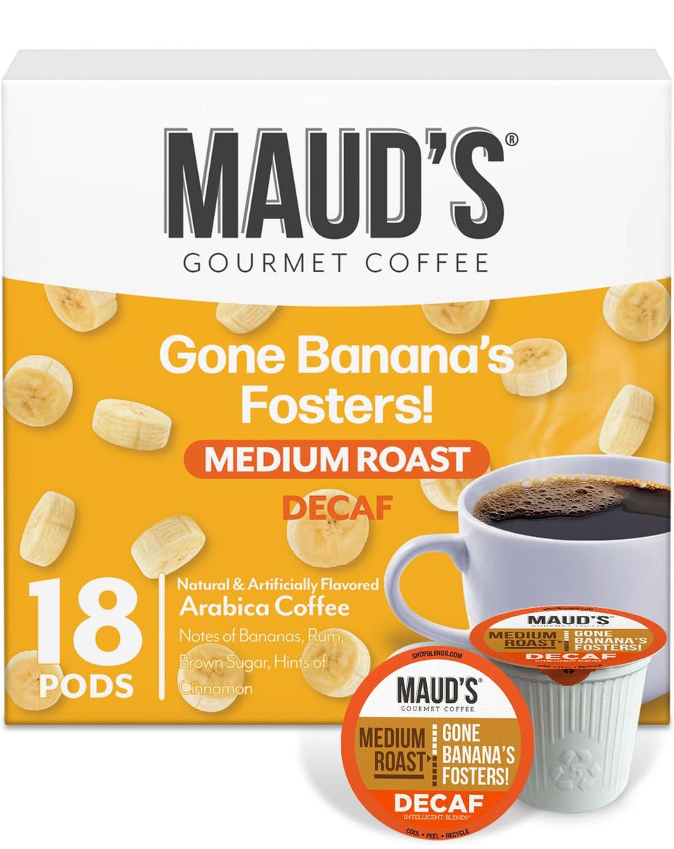 Maud's Bananas Foster decaf pods in an 18-count package for convenient mornings.