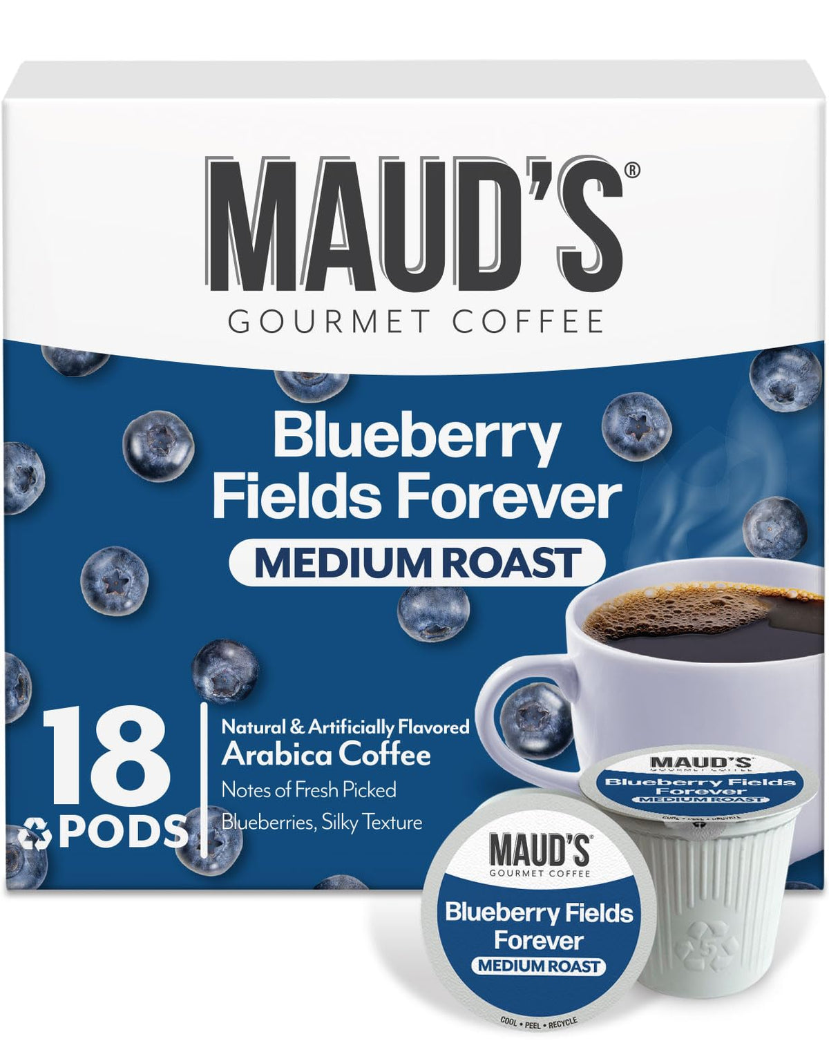 Maud's blueberry flavored coffee pods on display with a bright aroma.
